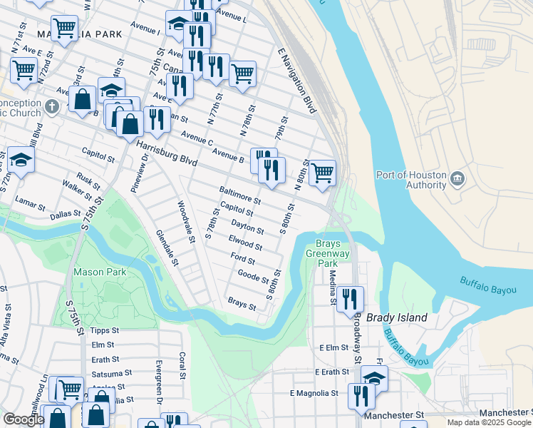 map of restaurants, bars, coffee shops, grocery stores, and more near 7904 Capitol Street in Houston