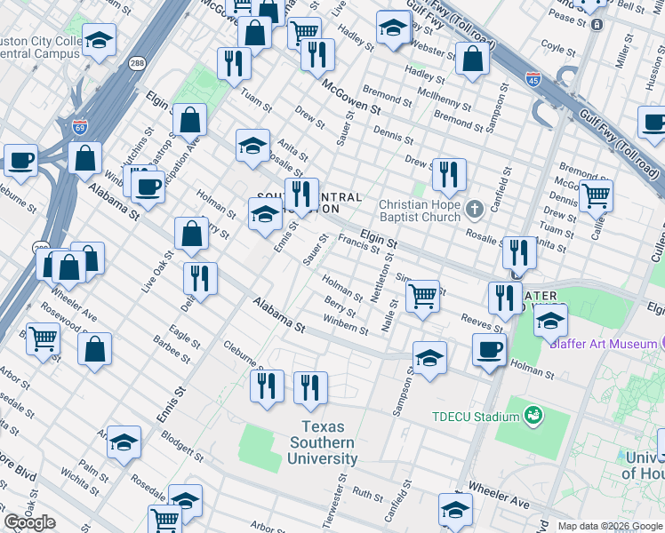 map of restaurants, bars, coffee shops, grocery stores, and more near 3235 Berry Street in Houston