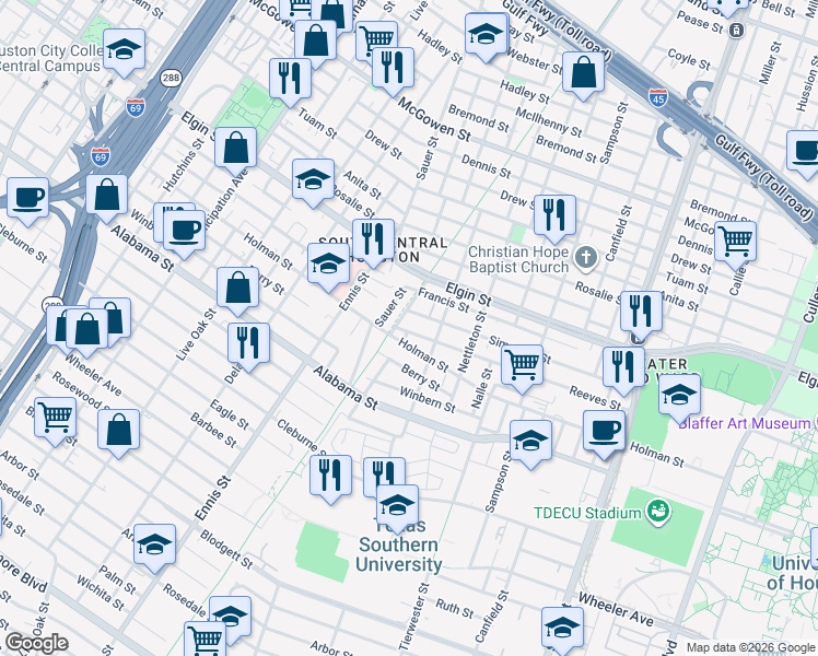 map of restaurants, bars, coffee shops, grocery stores, and more near 3235 Berry Street in Houston