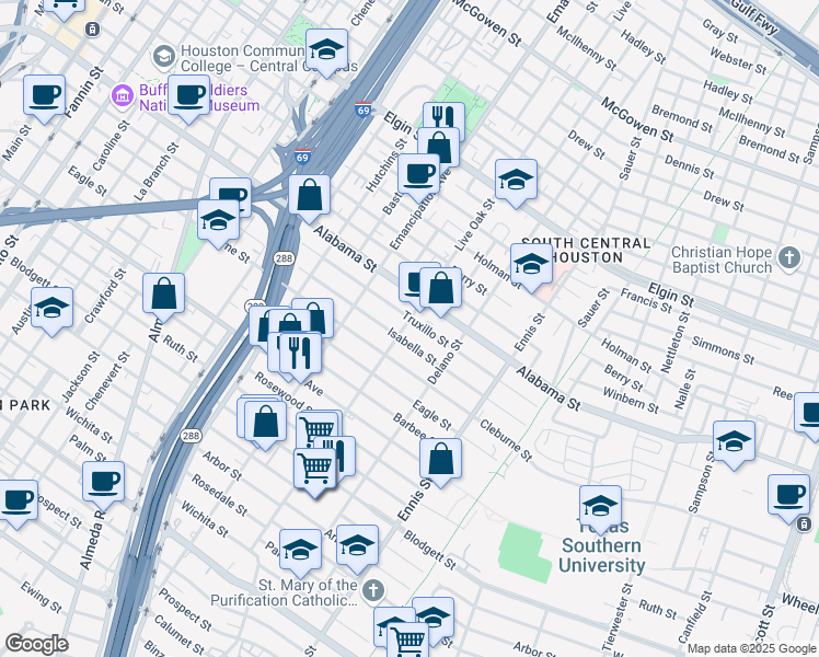 map of restaurants, bars, coffee shops, grocery stores, and more near 2601 Isabella Street in Houston