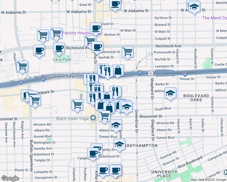 map of restaurants, bars, coffee shops, grocery stores, and more near 2440 North Boulevard in Houston