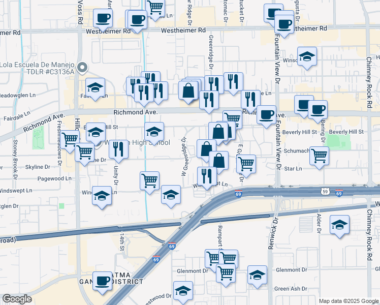 map of restaurants, bars, coffee shops, grocery stores, and more near 6222 Skyline Drive in Houston