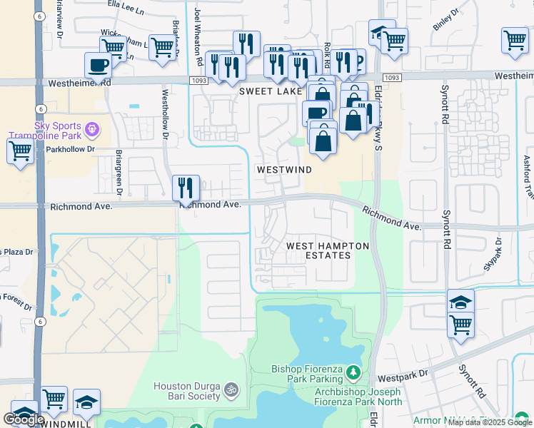 map of restaurants, bars, coffee shops, grocery stores, and more near 13676 Garden Grove Court in Houston