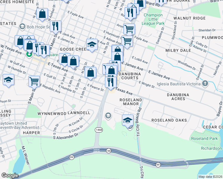 map of restaurants, bars, coffee shops, grocery stores, and more near 100 South Alexander Drive in Baytown