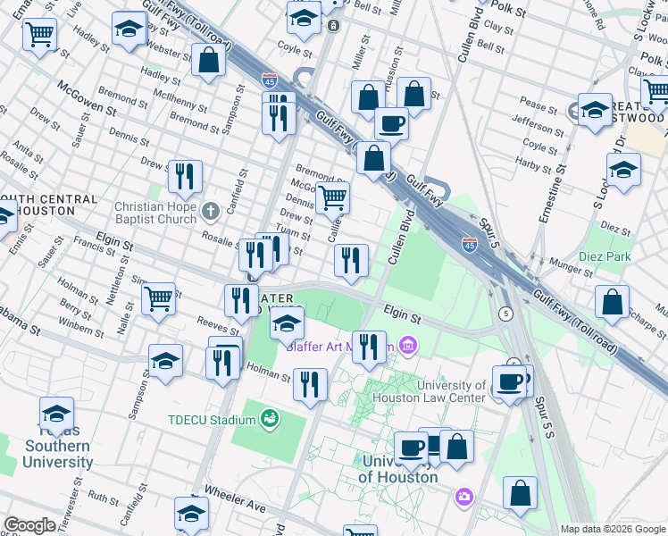map of restaurants, bars, coffee shops, grocery stores, and more near 3813 Rosalie Street in Houston