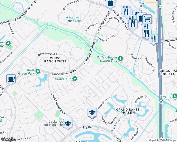 map of restaurants, bars, coffee shops, grocery stores, and more near 5027 Lodenberry Court in Katy