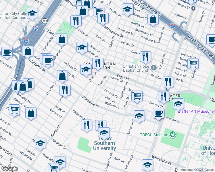 map of restaurants, bars, coffee shops, grocery stores, and more near 3235 Berry Street in Houston