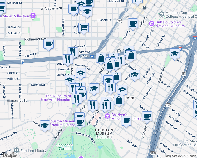 map of restaurants, bars, coffee shops, grocery stores, and more near 5115 Main street in Houston