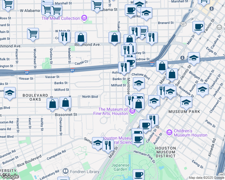 map of restaurants, bars, coffee shops, grocery stores, and more near 1204 Barkdull Street in Houston