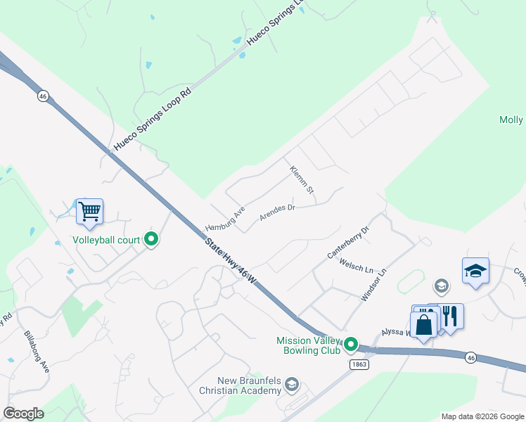 map of restaurants, bars, coffee shops, grocery stores, and more near 235 Arendes Drive in New Braunfels