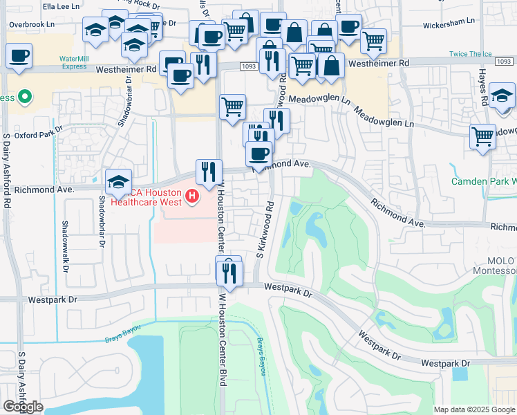 map of restaurants, bars, coffee shops, grocery stores, and more near 12025 Richmond Avenue in Houston