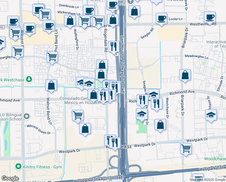map of restaurants, bars, coffee shops, grocery stores, and more near 3200 West Sam Houston Parkway South in Houston