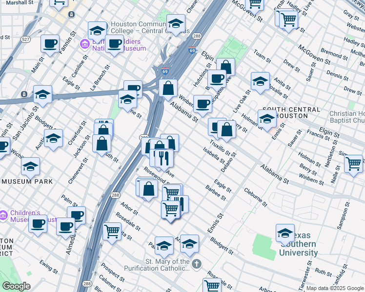 map of restaurants, bars, coffee shops, grocery stores, and more near in Houston