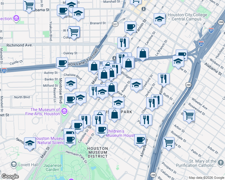 map of restaurants, bars, coffee shops, grocery stores, and more near 1218 Rosedale Street in Houston