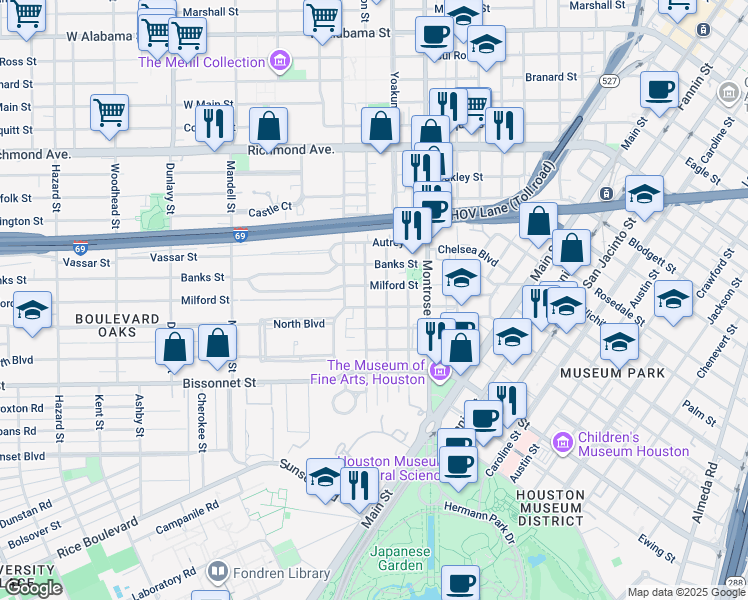 map of restaurants, bars, coffee shops, grocery stores, and more near 1204 Barkdull Street in Houston
