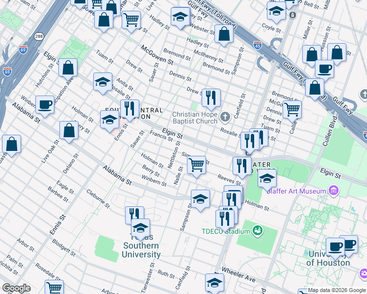 map of restaurants, bars, coffee shops, grocery stores, and more near 3332 Francis Street in Houston