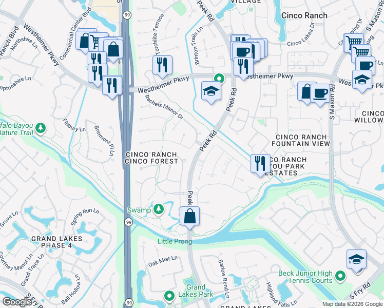 map of restaurants, bars, coffee shops, grocery stores, and more near 4203 Deforest Ridge Circle in Katy