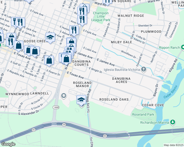 map of restaurants, bars, coffee shops, grocery stores, and more near 103 Danubina Street in Baytown