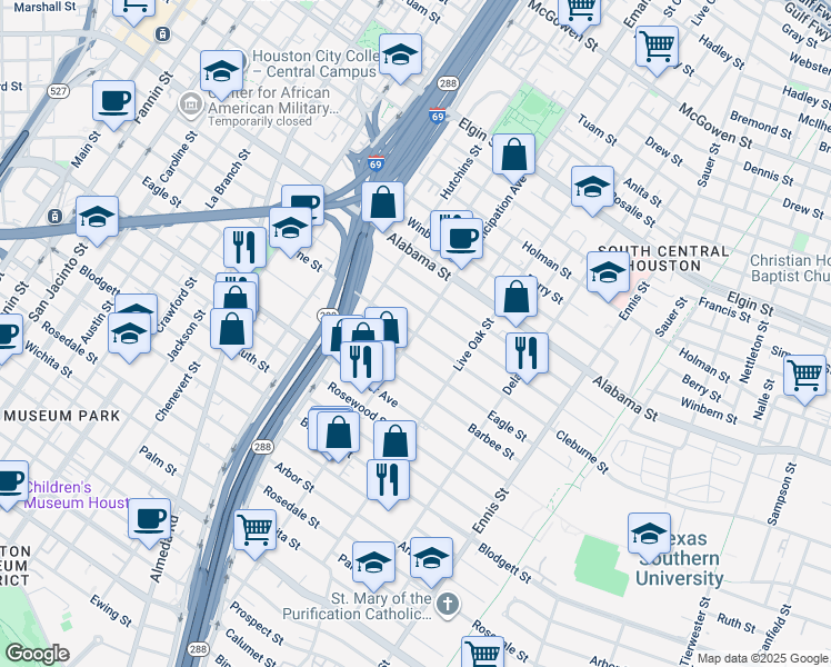 map of restaurants, bars, coffee shops, grocery stores, and more near Dowling Street & Cleburne Street in Houston
