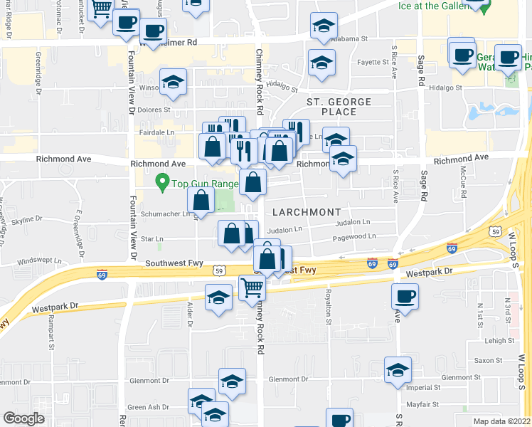 map of restaurants, bars, coffee shops, grocery stores, and more near Schumacher Lane in Houston