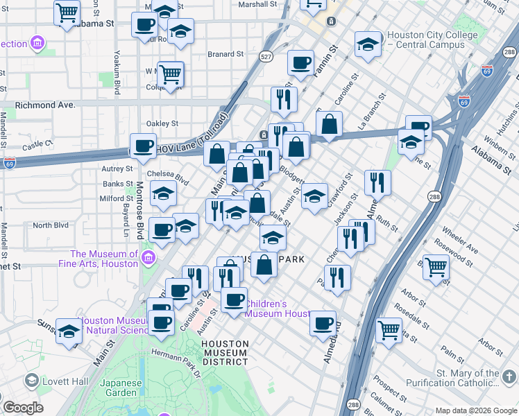 map of restaurants, bars, coffee shops, grocery stores, and more near 1218 Rosedale Street in Houston