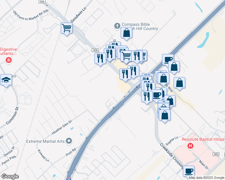 map of restaurants, bars, coffee shops, grocery stores, and more near 2157 Interstate 35 in New Braunfels