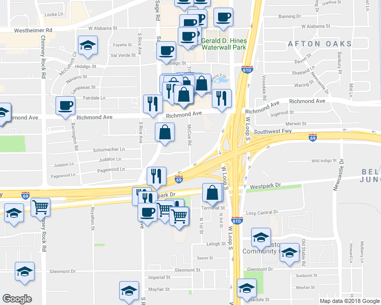 map of restaurants, bars, coffee shops, grocery stores, and more near 3373 Mccue Road in Houston