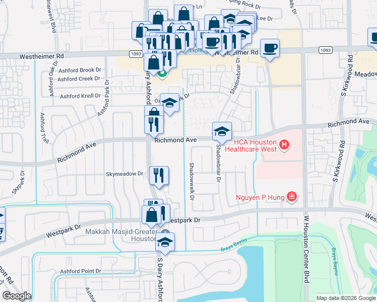 map of restaurants, bars, coffee shops, grocery stores, and more near 3216 Shadowwalk Drive in Houston