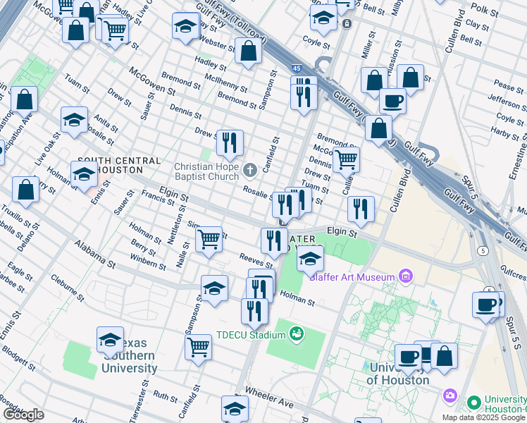 map of restaurants, bars, coffee shops, grocery stores, and more near in Houston