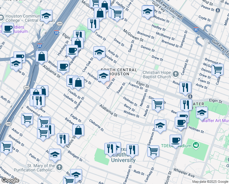 map of restaurants, bars, coffee shops, grocery stores, and more near 3519 Palmer Street in Houston