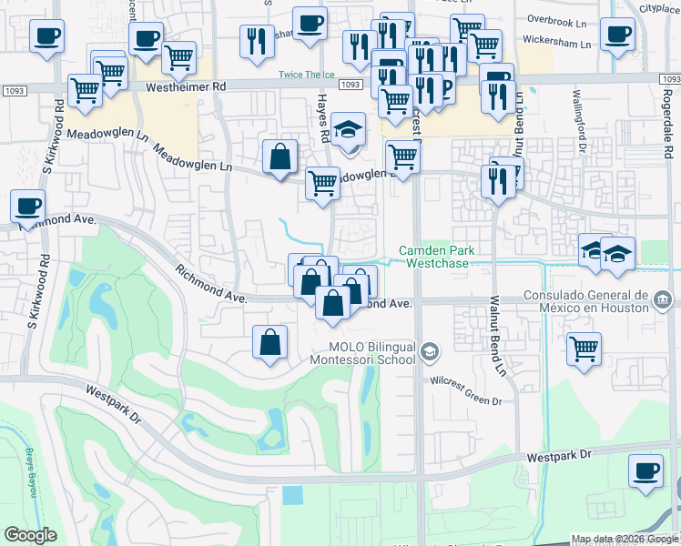 map of restaurants, bars, coffee shops, grocery stores, and more near in Houston