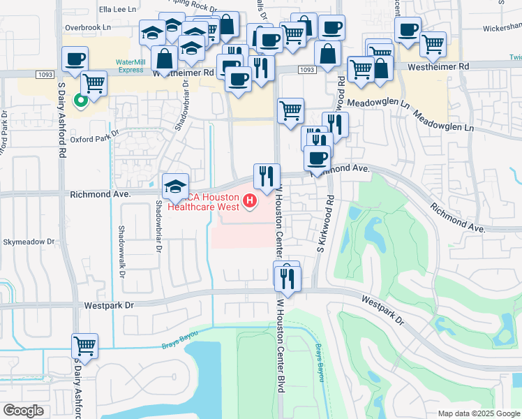 map of restaurants, bars, coffee shops, grocery stores, and more near 12121 Richmond Avenue in Houston