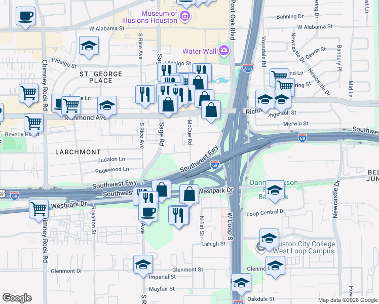 map of restaurants, bars, coffee shops, grocery stores, and more near 3550 McCue Road in Houston