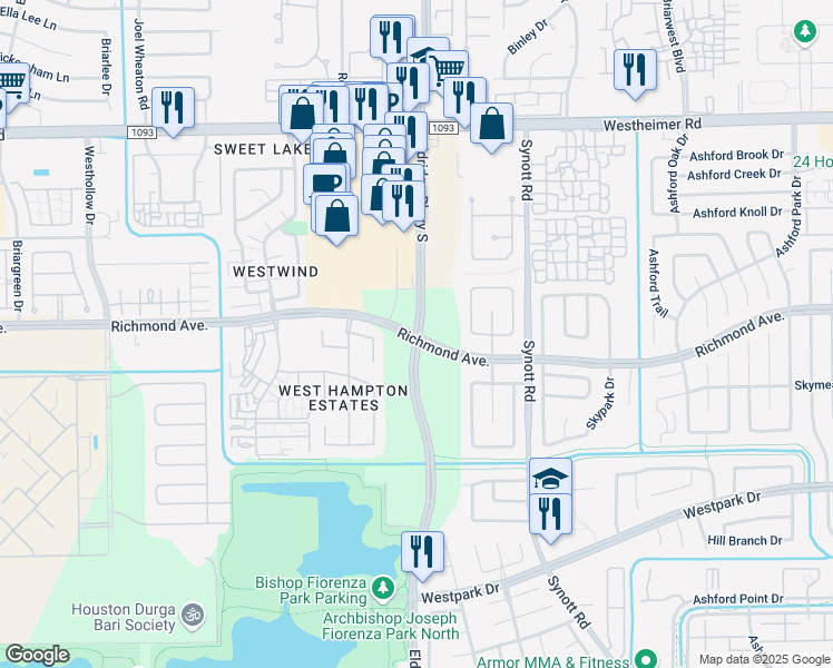 map of restaurants, bars, coffee shops, grocery stores, and more near Richmond Ave & Eldridge Pkwy in Houston