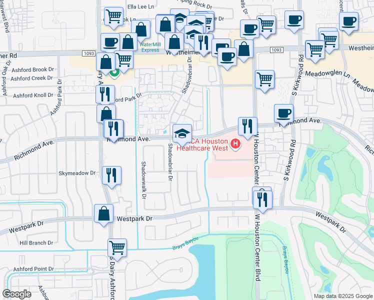 map of restaurants, bars, coffee shops, grocery stores, and more near 12355 Richmond Avenue in Houston