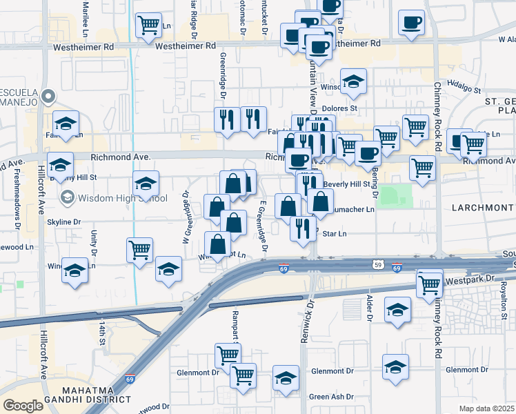 map of restaurants, bars, coffee shops, grocery stores, and more near 6029 Skyline Drive in Houston