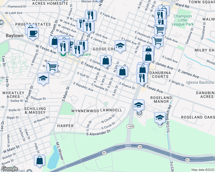 map of restaurants, bars, coffee shops, grocery stores, and more near 411 East Gulf Street in Baytown