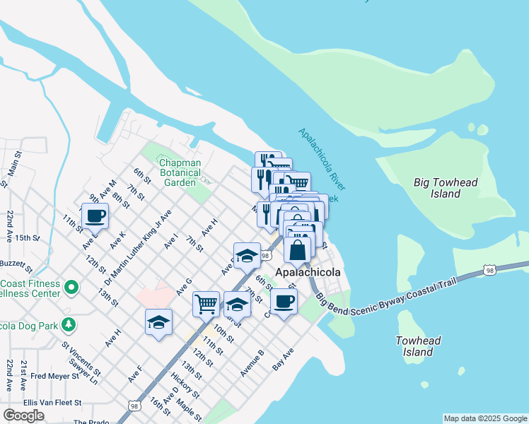 map of restaurants, bars, coffee shops, grocery stores, and more near 131 Market Street in Apalachicola
