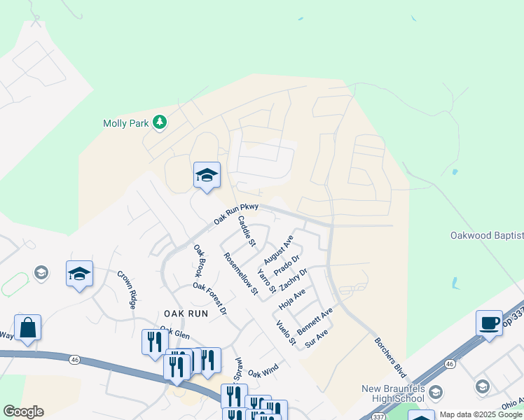 map of restaurants, bars, coffee shops, grocery stores, and more near 2155 Oak Run Parkway in New Braunfels