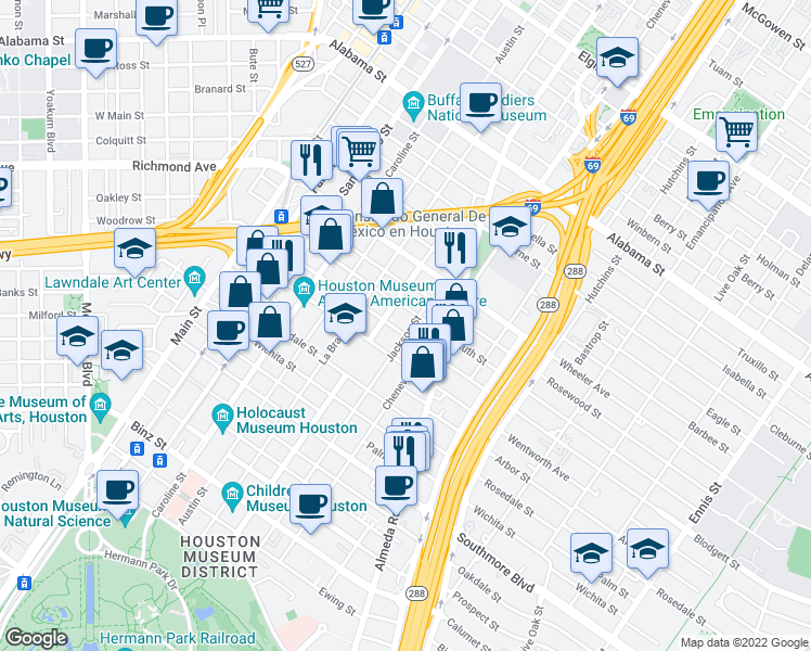 map of restaurants, bars, coffee shops, grocery stores, and more near 4702 Jackson Street in Houston