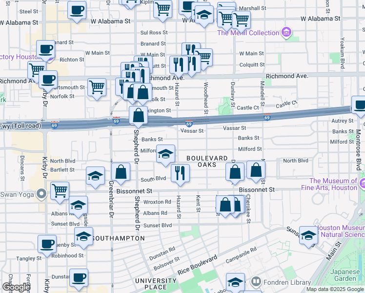 map of restaurants, bars, coffee shops, grocery stores, and more near 1917 Milford Street in Houston