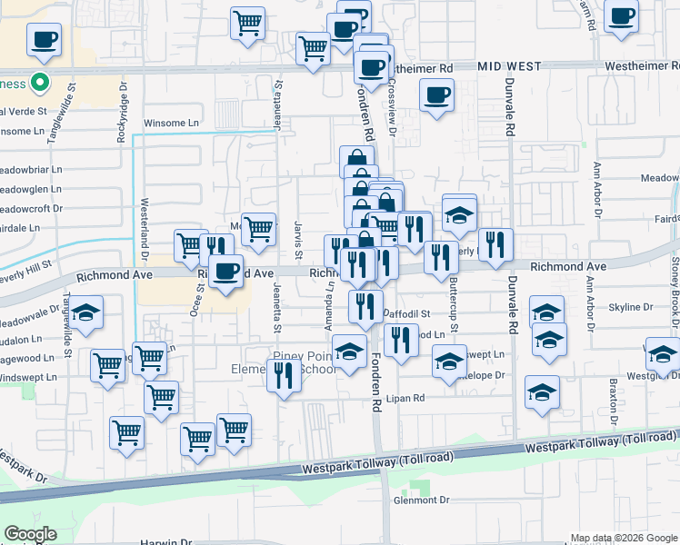 map of restaurants, bars, coffee shops, grocery stores, and more near 8987 Richmond Avenue in Houston