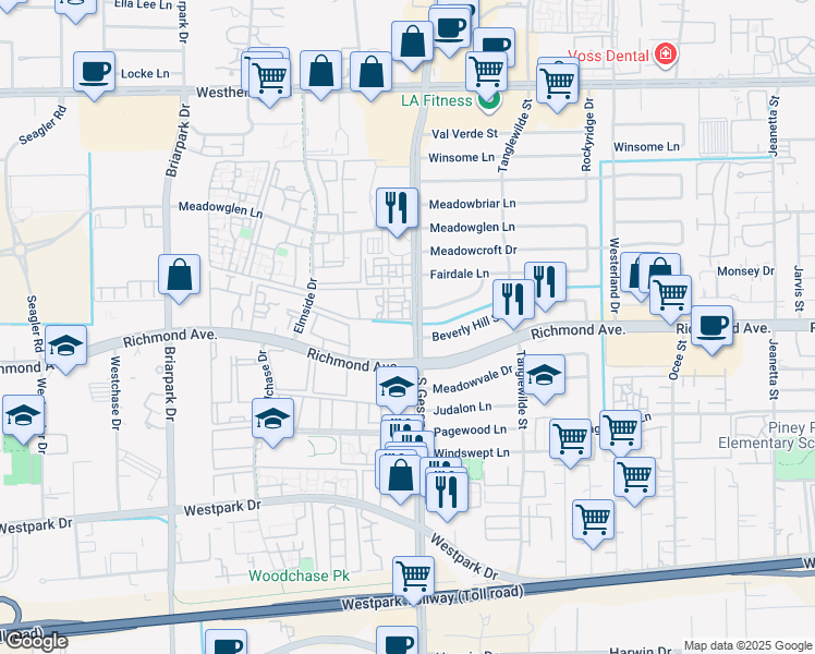 map of restaurants, bars, coffee shops, grocery stores, and more near 9700 Richmond Avenue in Houston