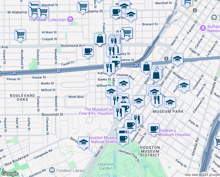 map of restaurants, bars, coffee shops, grocery stores, and more near 5001 Montrose Boulevard in Houston