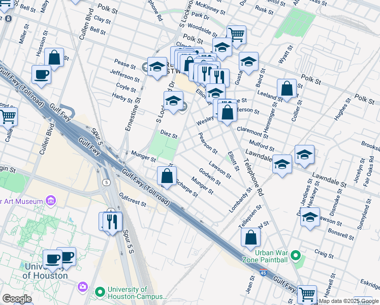 map of restaurants, bars, coffee shops, grocery stores, and more near 1420 Godwin Street in Houston
