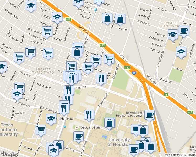 map of restaurants, bars, coffee shops, grocery stores, and more near 3813 Rosalie Street in Houston