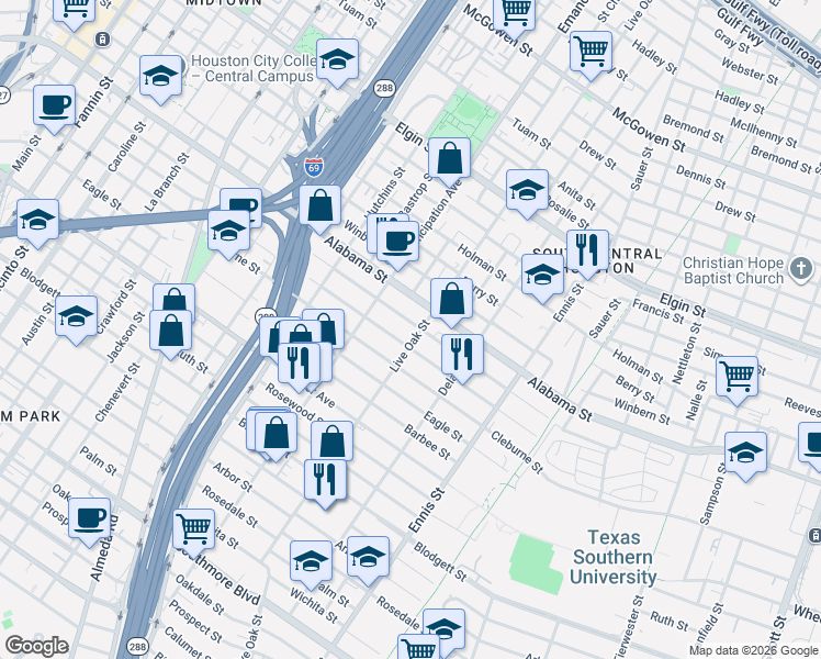 map of restaurants, bars, coffee shops, grocery stores, and more near 2601 Isabella Street in Houston