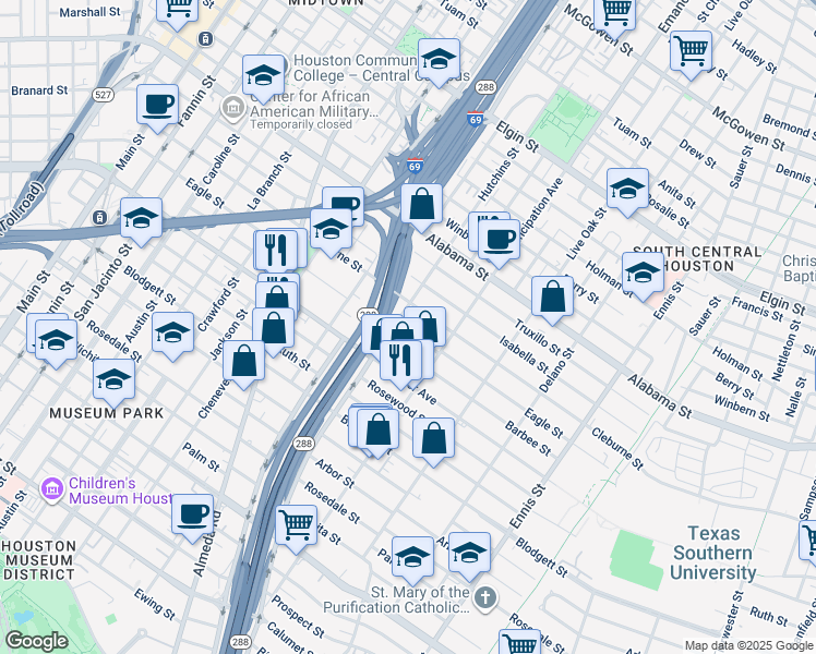 map of restaurants, bars, coffee shops, grocery stores, and more near 2214 Barbee Street in Houston