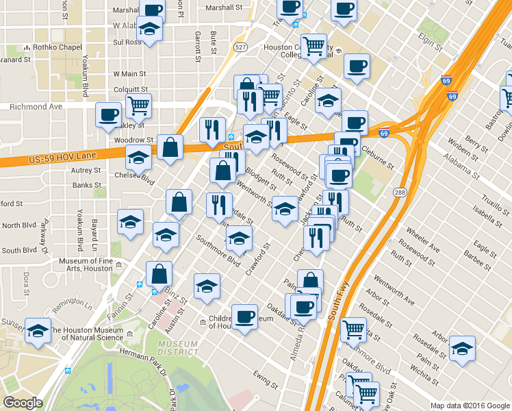 map of restaurants, bars, coffee shops, grocery stores, and more near 4825 Austin Street in Houston