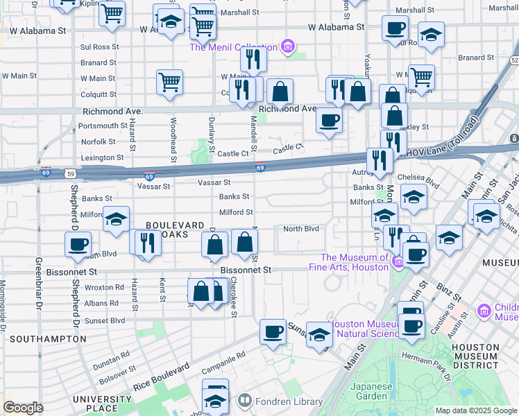 map of restaurants, bars, coffee shops, grocery stores, and more near 1500 North Boulevard in Houston